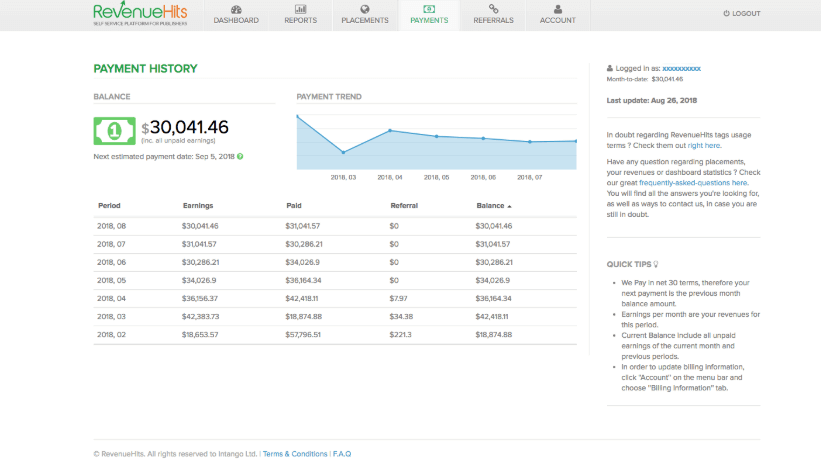 Payment History RevenueHits